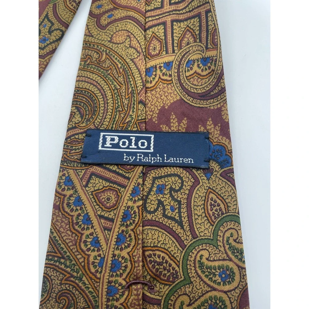 Polo Ralph Lauren Silk Tie Gold Burgundy Paisley Medallion Made in USA Hand Made